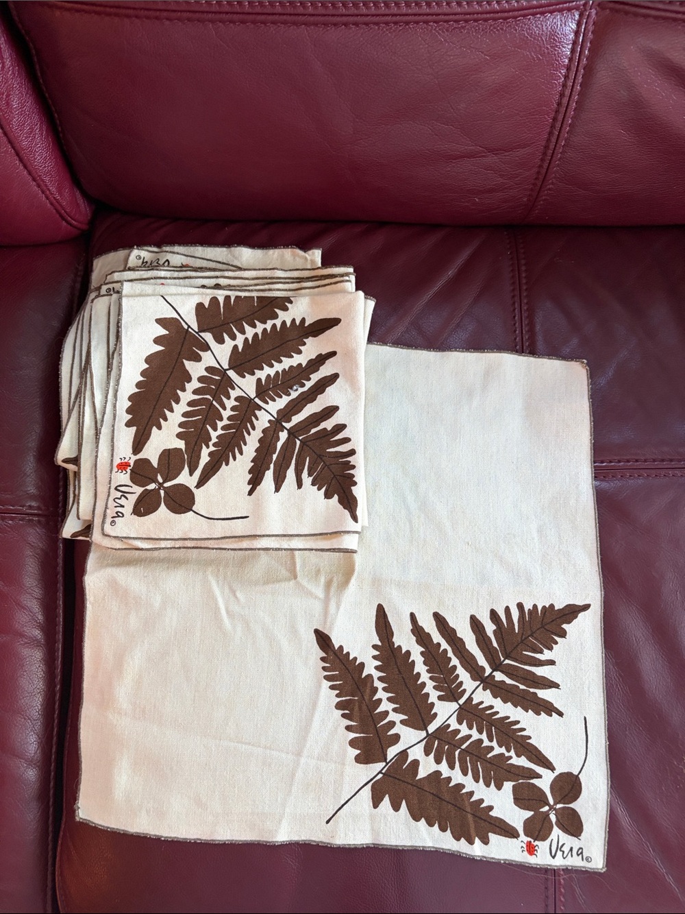 Vera Neumann cream and brown fern print set of 8 napkins.